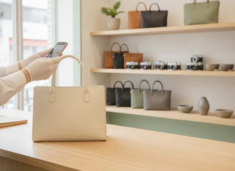 リユース店舗の買取カウンターで商品を撮影しているイメージ