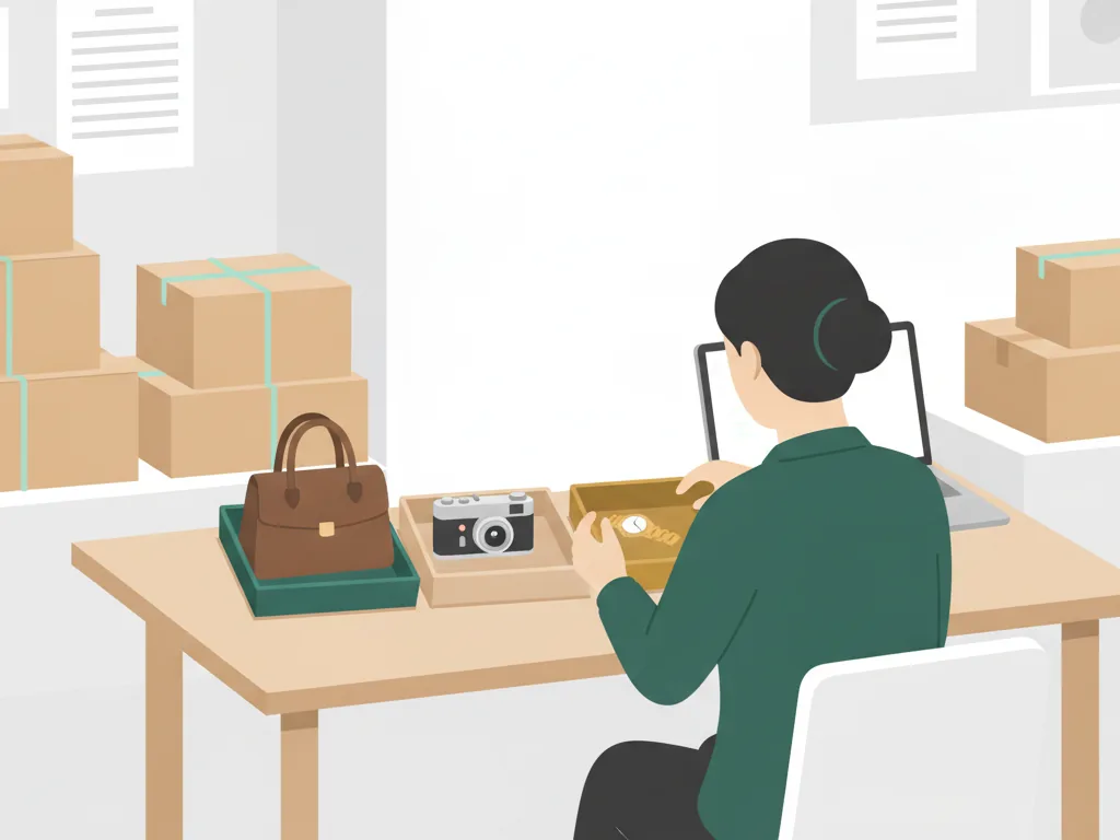 ConvertMateのイメージイラスト：リユース店のバックヤードで、査定済みの商品（バッグ・カメラ・時計）を出品先ごとのトレーに仕分けるスタッフ
