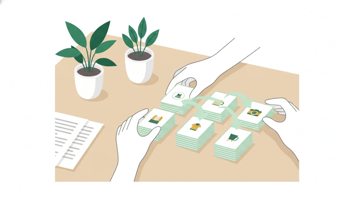 ConvertMateのイメージイラスト：1つの商品から、出品先ごとの出品データを並べて整える手元
