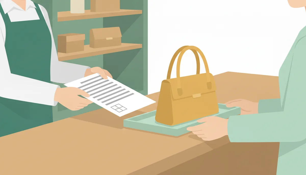 DocsMateのイメージイラスト：買取カウンターで、お客様へ書面を手渡す場面