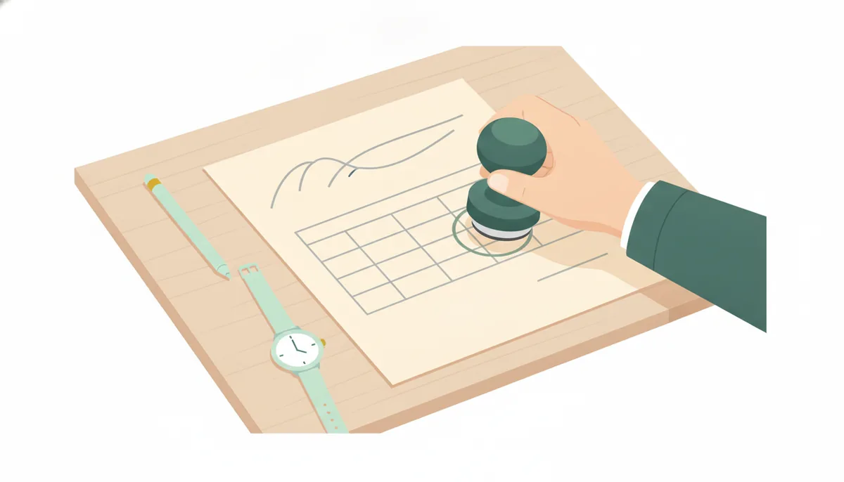 DocsMateのイメージイラスト：書類に押印して仕上げる手元