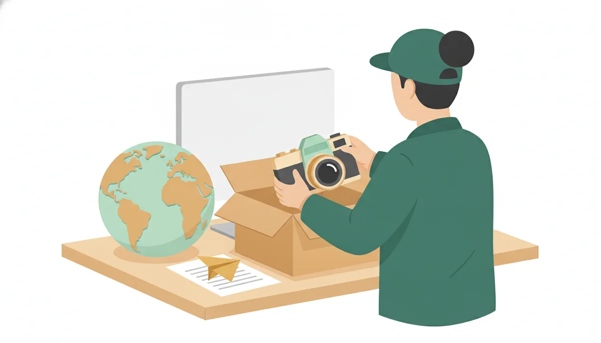 越境Mateのイメージイラスト：海外の買い手に向けて、カメラを箱に梱包するスタッフと地球儀