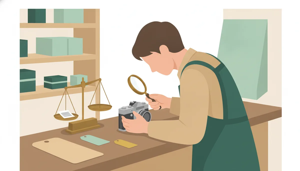SalesMateのイメージイラスト:店頭でカメラを虫めがねで確かめ、天秤と値札を前に値付けを考えるスタッフ