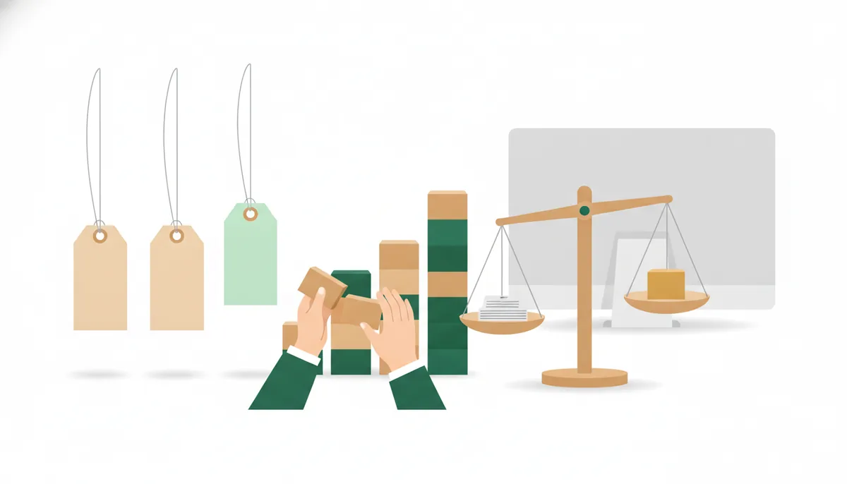 SalesMateのイメージイラスト:高さの違う3つの値札と積み木のグラフ・天秤で、相場を見比べる様子
