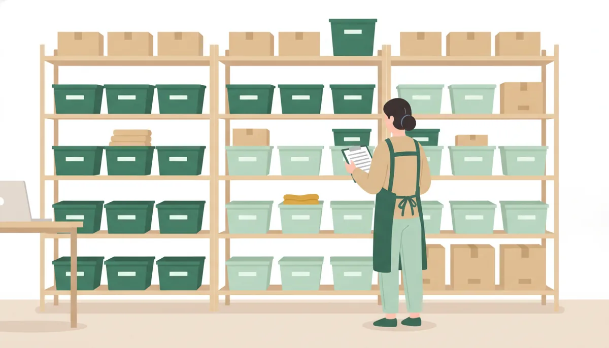 StockMateのイメージイラスト：在庫棚の前で、クリップボードを手に在庫を確かめるスタッフ