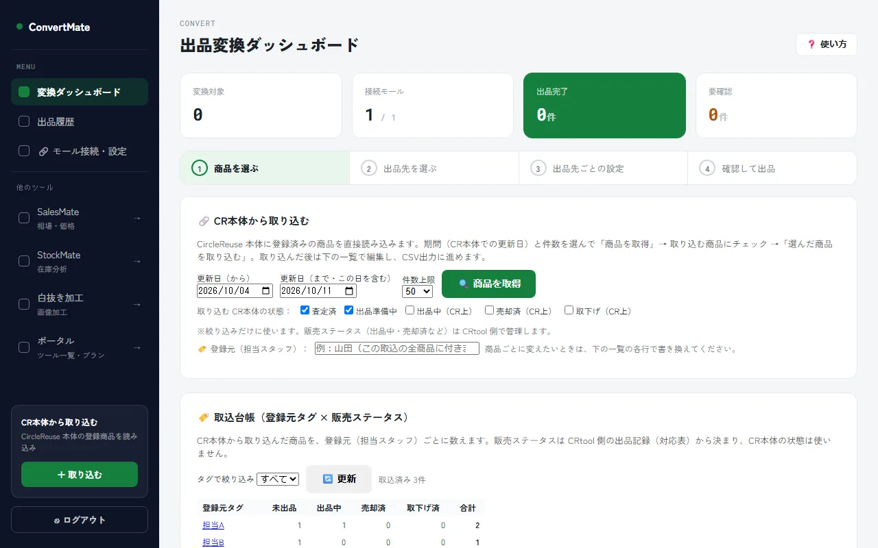 ConvertMateの実際の画面：出品変換ダッシュボード