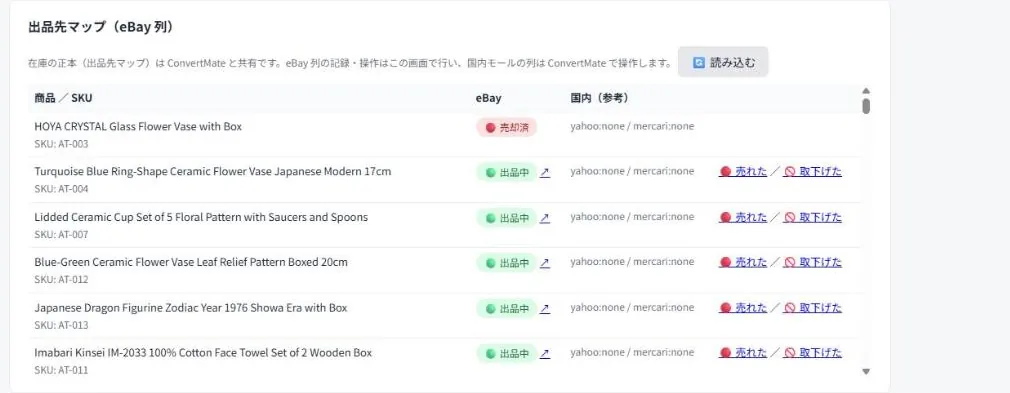 越境Mateの実際の画面：出品先マップ（eBay列）